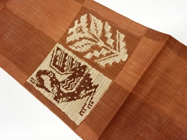 リサイクル　色紙に鳥・花模様織出し名古屋帯